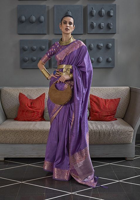 Purple Zari Woven Silk Blend Saree Set