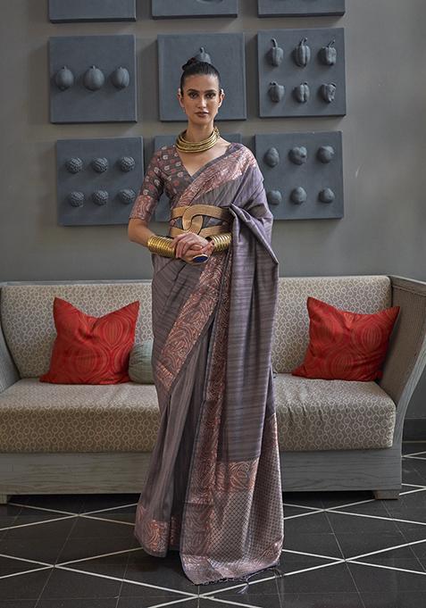 Brown Zari Woven Silk Blend Saree Set