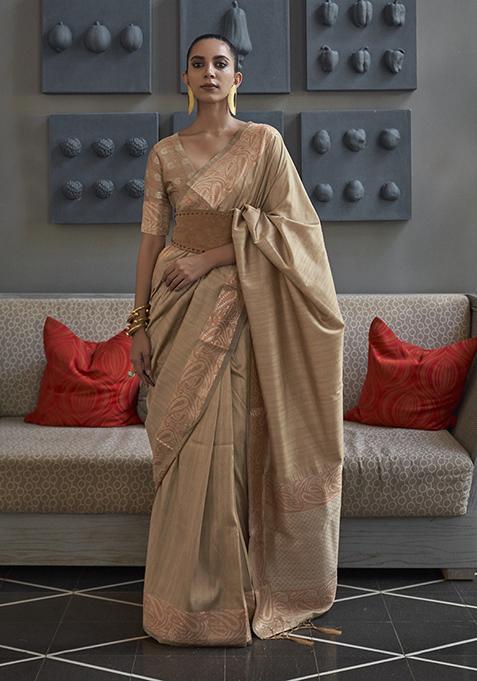 Cream Woven Silk Blend Saree Set