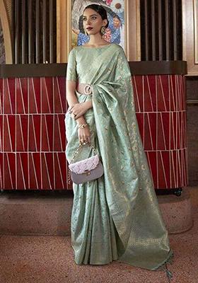 Light Green Zari Woven Silk Blend Saree Set
