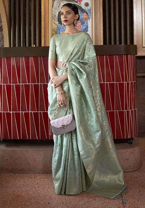 Light Green Zari Woven Silk Blend Saree Set