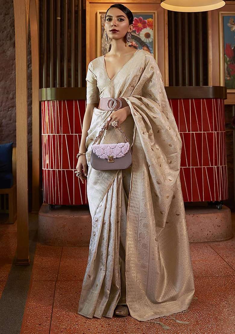 Cream Zari Woven Silk Blend Saree Set for Diwali | Wedding & Festive Wear - Indya