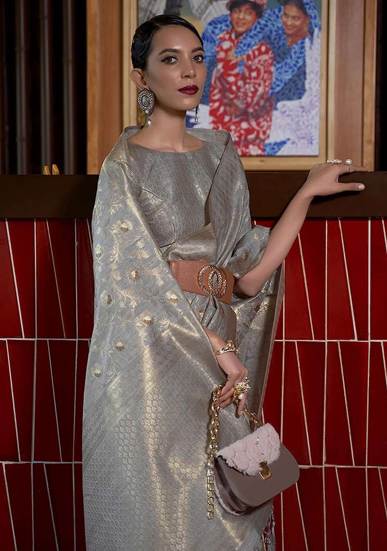 Grey Woven Silk Blend Saree Set for Diwali and Festive Wear - Indya
