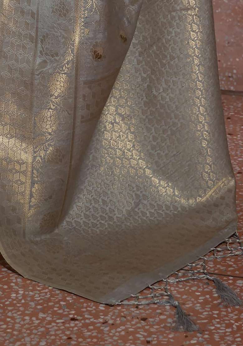Grey Woven Silk Blend Saree Set for Diwali and Festive Wear - Indya