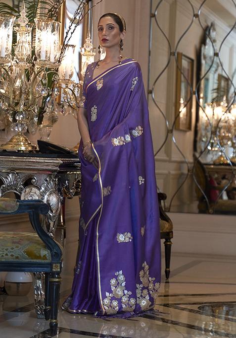 Purple Zari Woven Silk Blend Saree Set