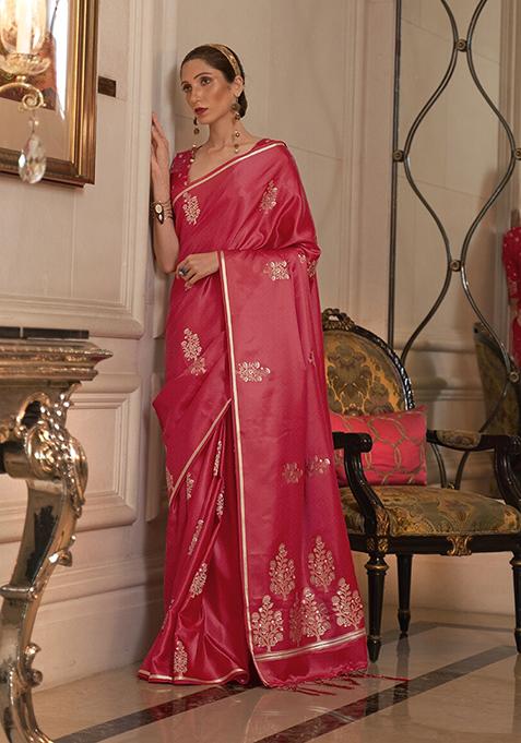 Red Zari Woven Silk Blend Saree Set