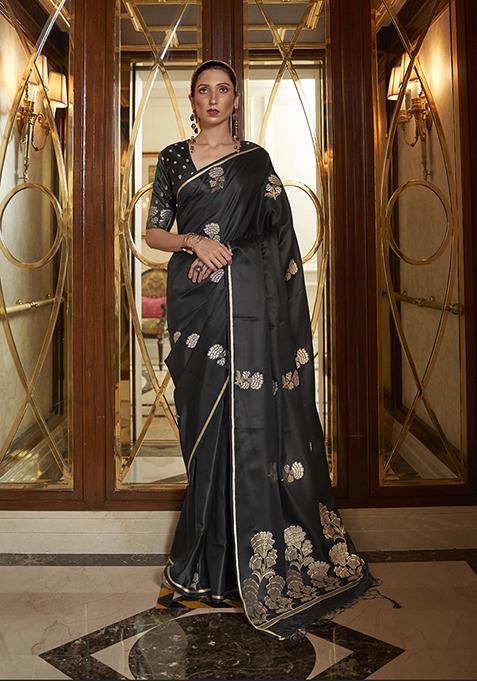 Black Woven Silk Blend Saree Set