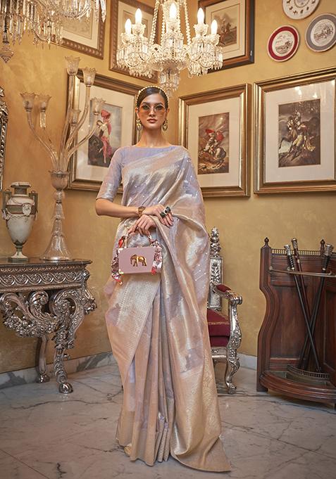 Grey Zari Woven Silk Blend Saree Set