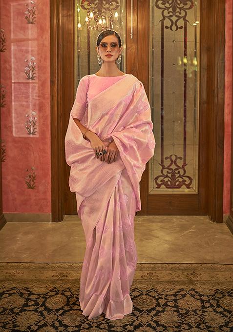 Pink Zari Woven Silk Blend Saree Set