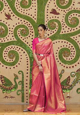 Pink Zari Woven Silk Blend Saree Set