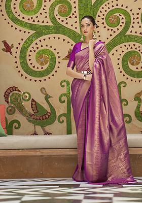 Purple Zari Woven Silk Blend Saree Set