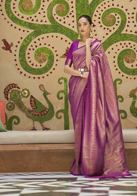 Purple Zari Woven Silk Blend Saree Set