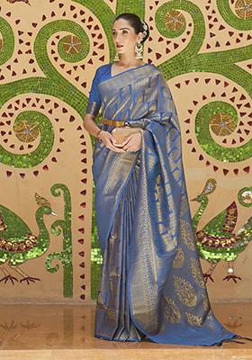 Blue Zari Woven Silk Blend Saree Set