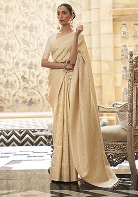 Cream Zari Woven Silk Blend Saree Set