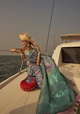 Ocean Green Zari Woven Silk Blend Saree Set