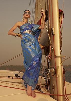 Indigo Blue Zari Woven Silk Blend Saree Set