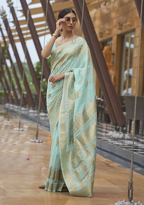 Sea Blue Woven Silk Blend Saree Set