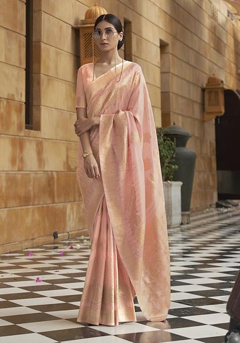 Peach Zari Woven Silk Blend Saree Set