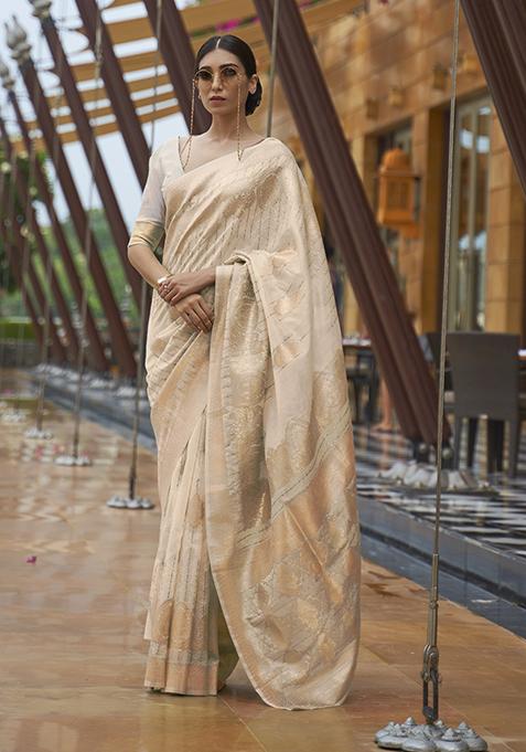 Off White Zari Woven Silk Blend Saree Set