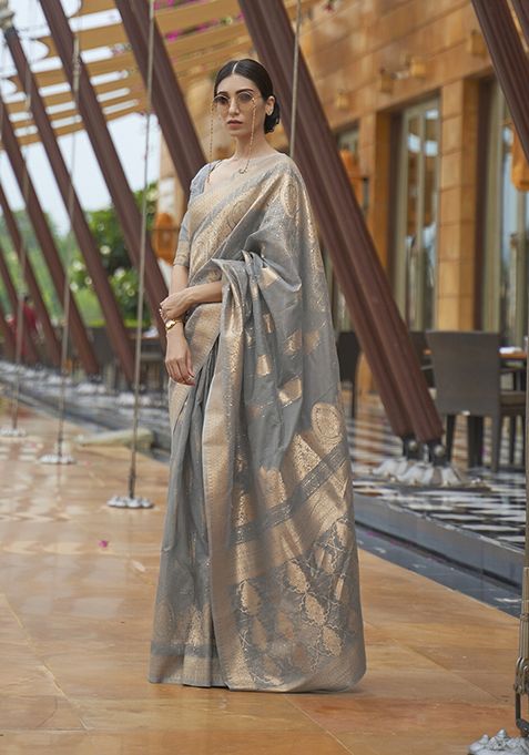 Grey Zari Woven Silk Blend Saree Set