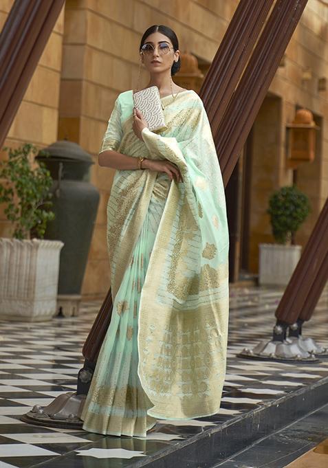 Sea Green Zari Woven Silk Blend Saree Set