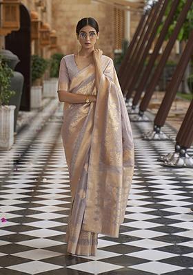 Lavender Zari Woven Silk Blend Saree Set