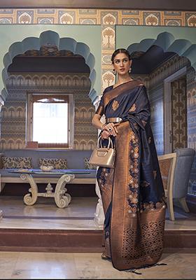 Navy Blue Zari Woven Silk Blend Saree Set