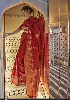 Red Zari Woven Silk Blend Saree Set