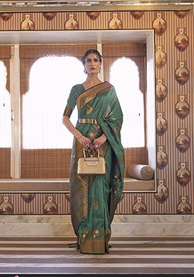 Green Zari Woven Silk Blend Saree Set