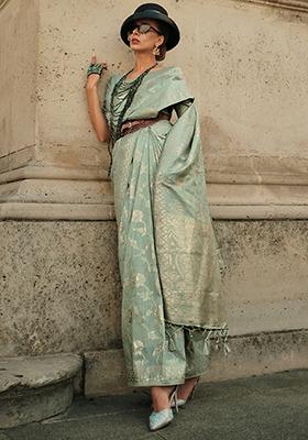Sea Green Zari Woven Silk Blend Saree Set