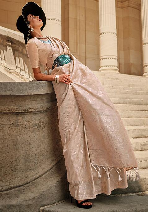 Off White Woven Silk Blend Saree Set