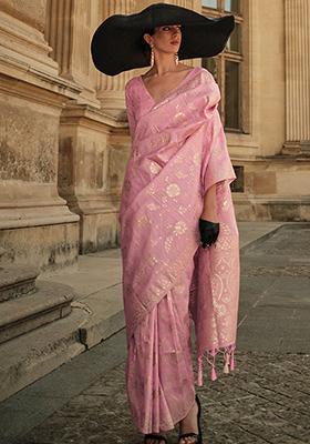 Pink Zari Woven Silk Blend Saree Set