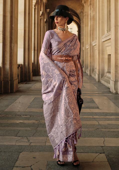 Purple Zari Woven Silk Blend Saree Set