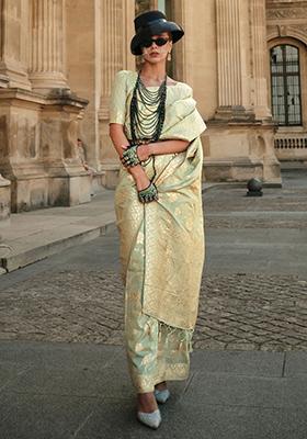 Light Green Woven Silk Blend Saree Set