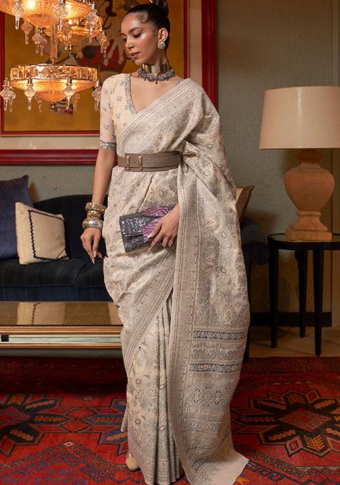 Off White Zari Woven Kashmiri Silk Blend Saree Set