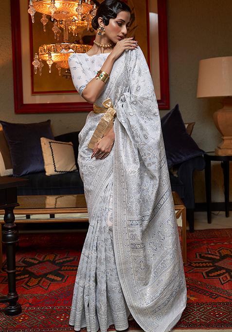 Grey Zari Woven Kashmiri Silk Blend Saree Set