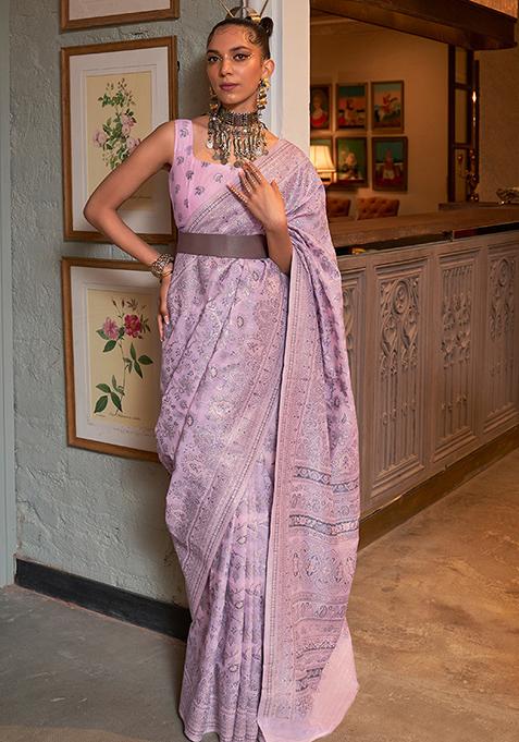 Lavender Zari Woven Kashmiri Silk Blend Saree Set