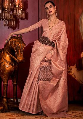 Baby Pink Zari Woven Banarasi Silk Blend Saree Set