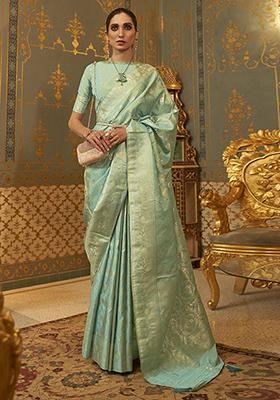 Pista Green Zari Woven Banarasi Silk Blend Saree Set