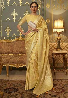 Yellow Zari Woven Banarasi Silk Blend Saree Set