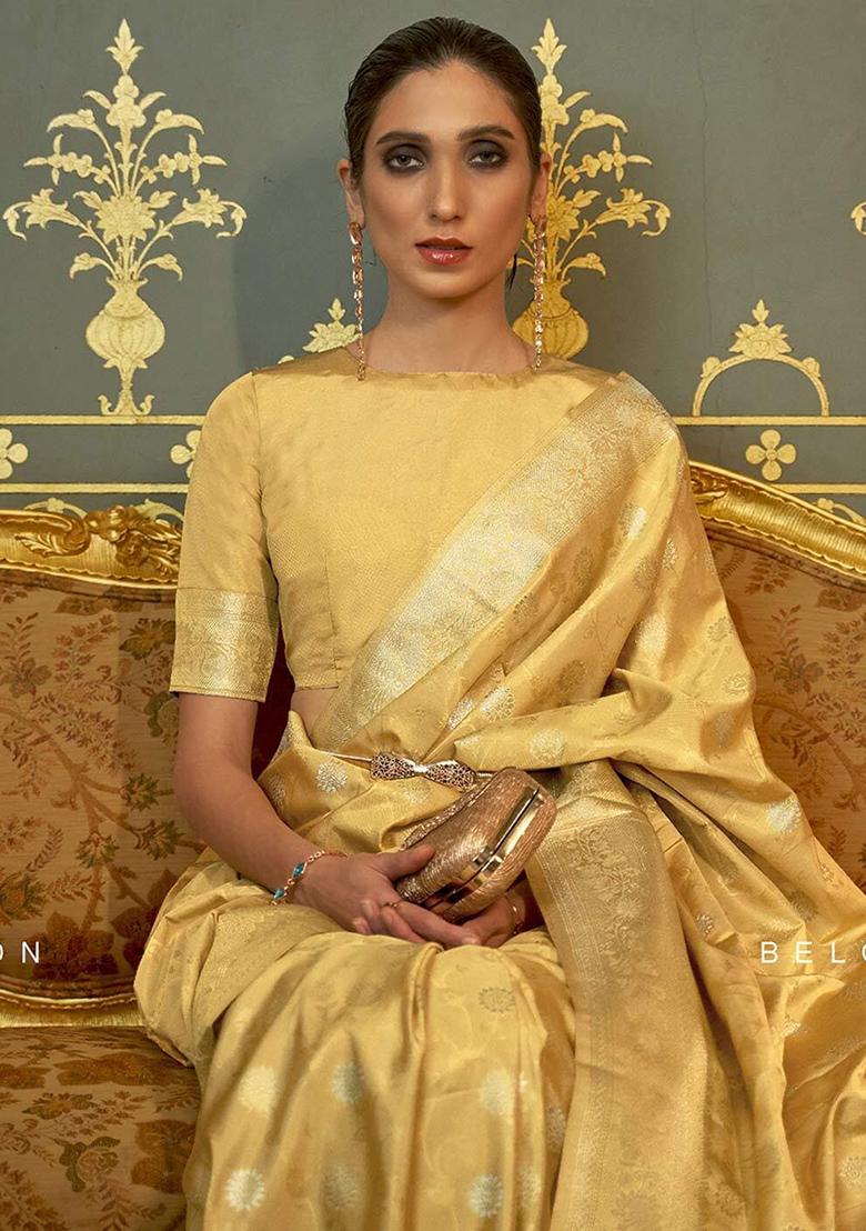 Yellow Zari Woven Banarasi Silk Blend Saree Set
