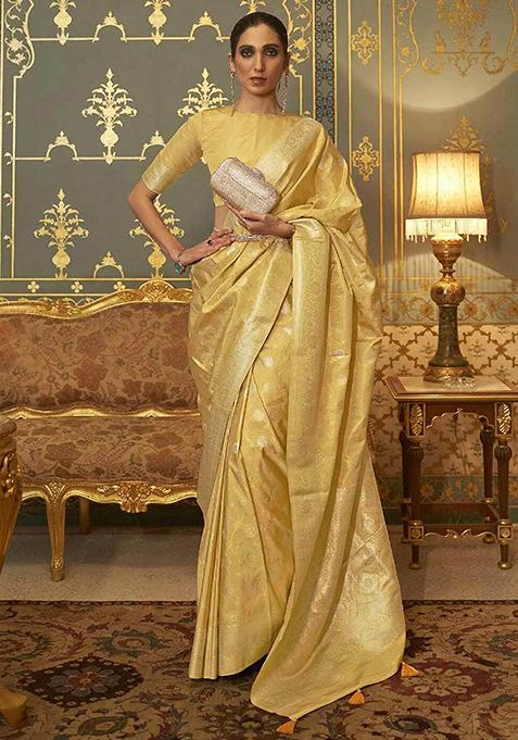 Yellow Zari Woven Banarasi Silk Blend Saree Set