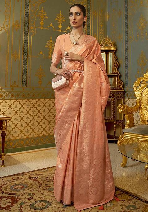 Orange Zari Woven Banarasi Silk Blend Saree Set