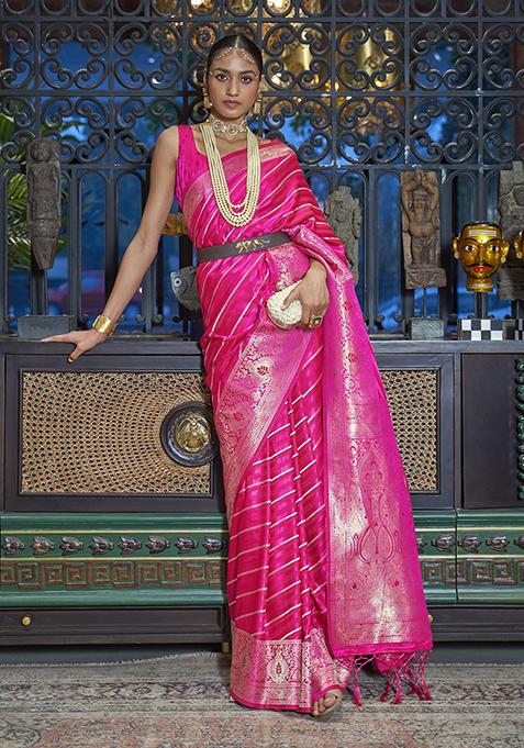 Rani Pink Zari Woven Banarasi Silk Blend Saree Set