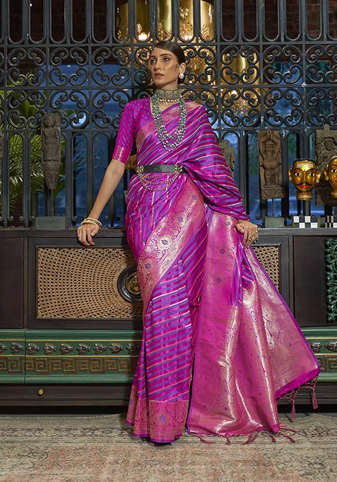 Purple Zari Woven Banarasi Silk Blend Saree Set