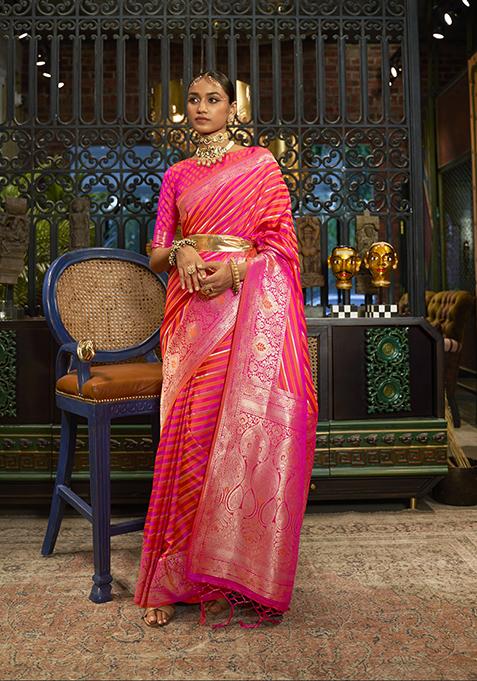 Pink Zari Woven Banarasi Silk Blend Saree Set