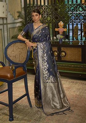 Blue Woven Banarasi Silk Blend Saree Set