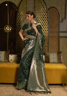 Green Zari Woven Banarasi Silk Blend Saree Set