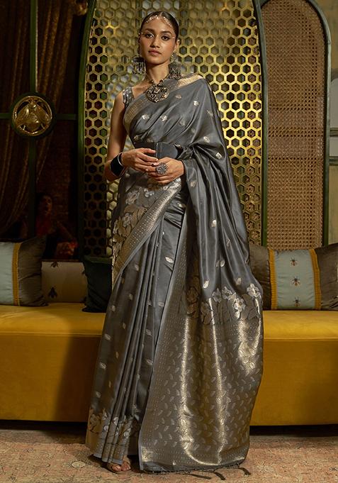 Grey Zari Woven Banarasi Silk Blend Saree Set