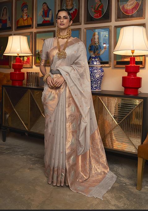 Grey Woven Banarasi Silk Blend Saree Set